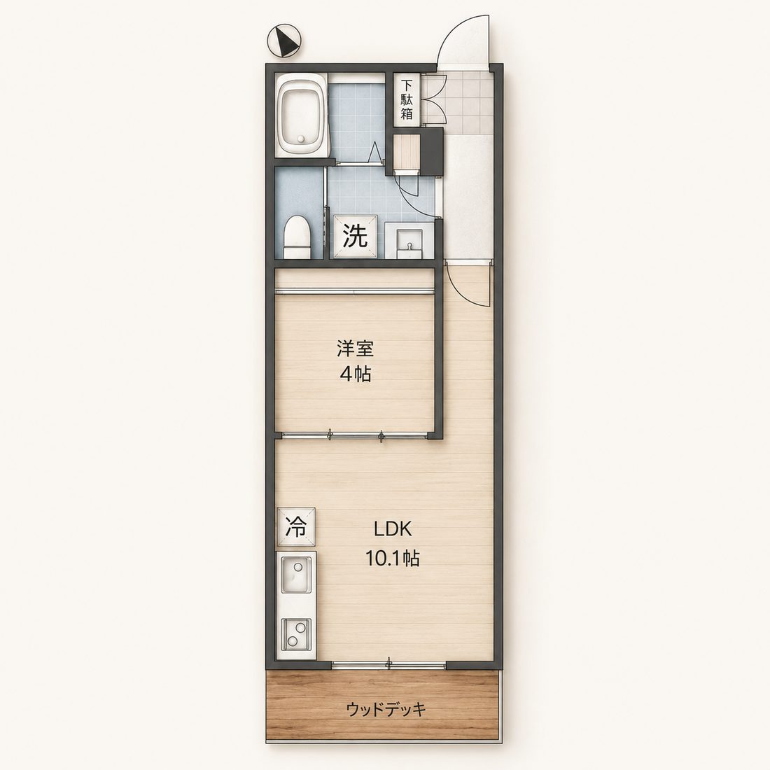 1LDK 1階 ウッドデッキタイプ 間取り図